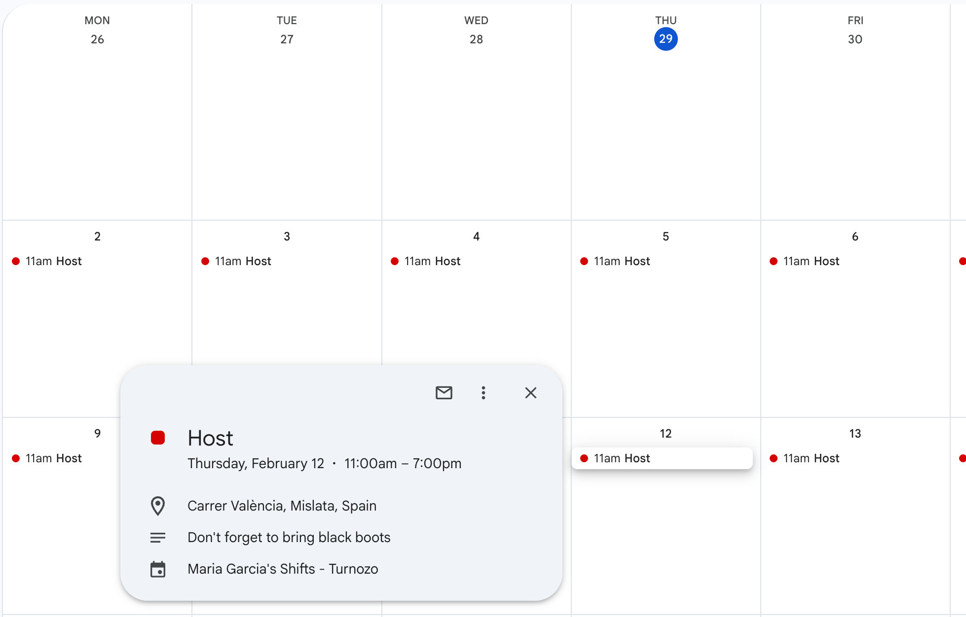 Google Calendar showing synced shifts from Turnozo